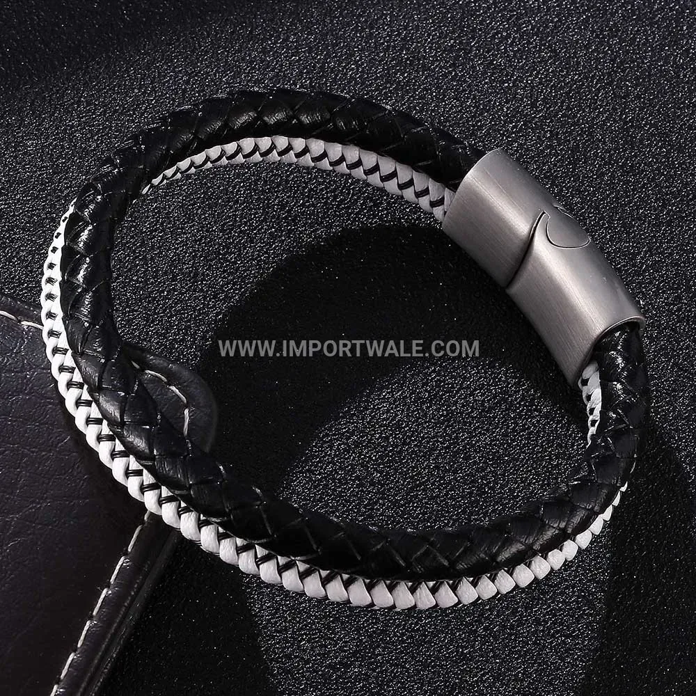 Braided Leather Stainless Steel Men Wristband with Magnetic Clasp