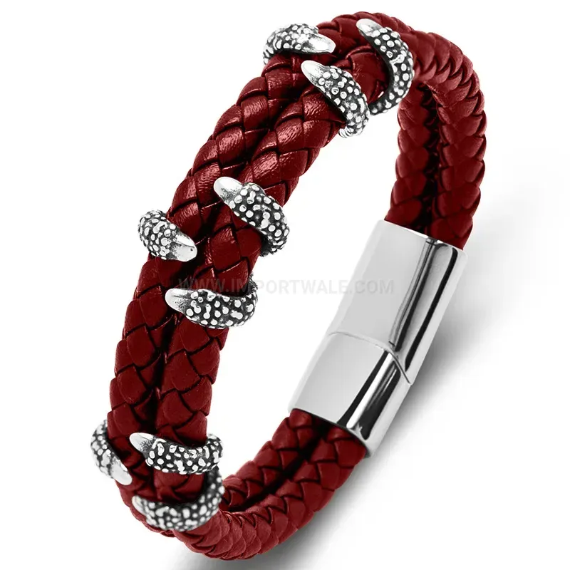 Modern Claw Accent Braided Leather Stainless Steel Men Cuff Bracelet