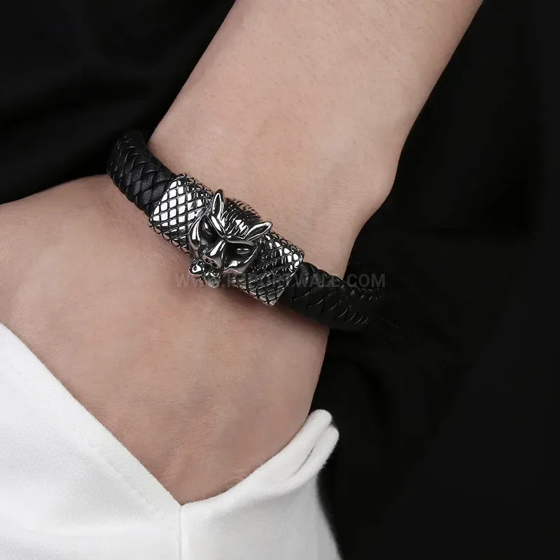 Elegant Cheetah Accent Stainless Steel Braided Leather Men Bracelet
