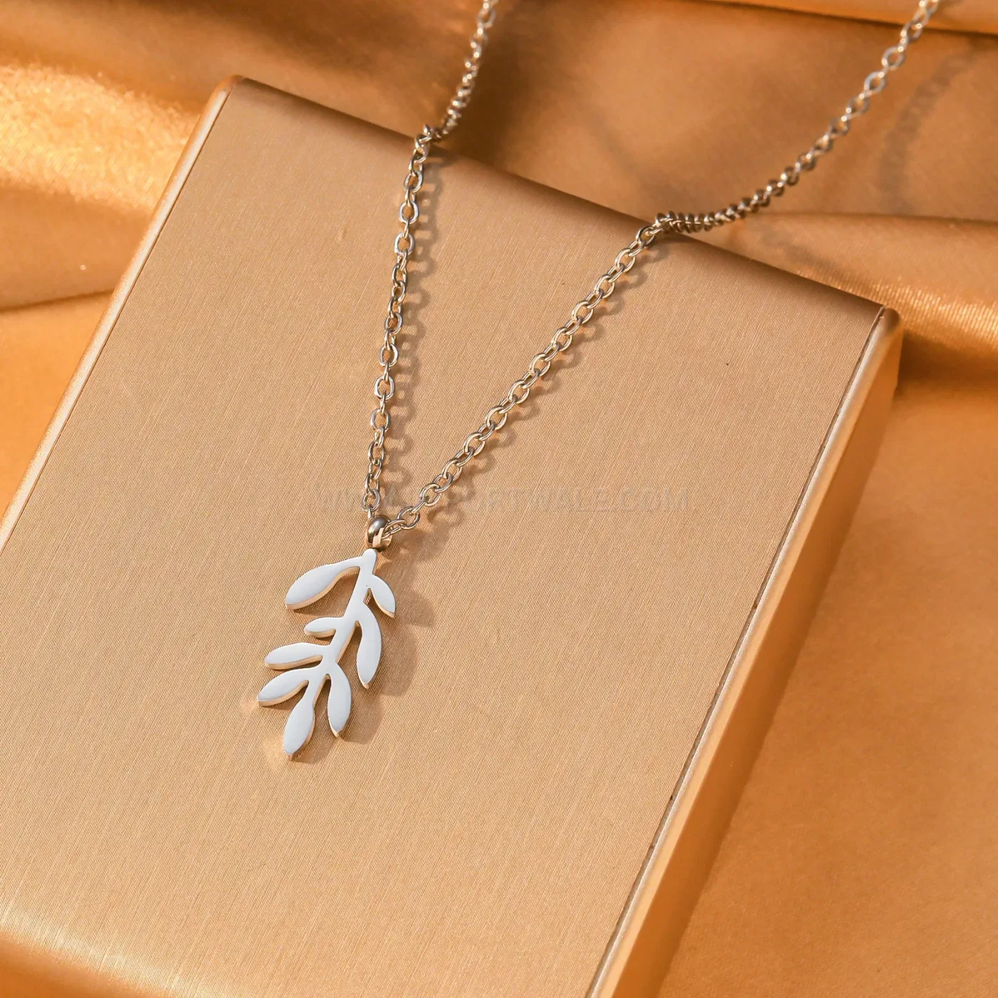 Gold Plated Stainless Steel Olive Branch Leaf Pendant Necklace