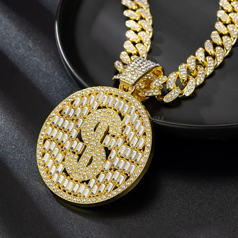 Dollar Sign Coin Medallion Pendant Chunky Cuban Chain Necklace