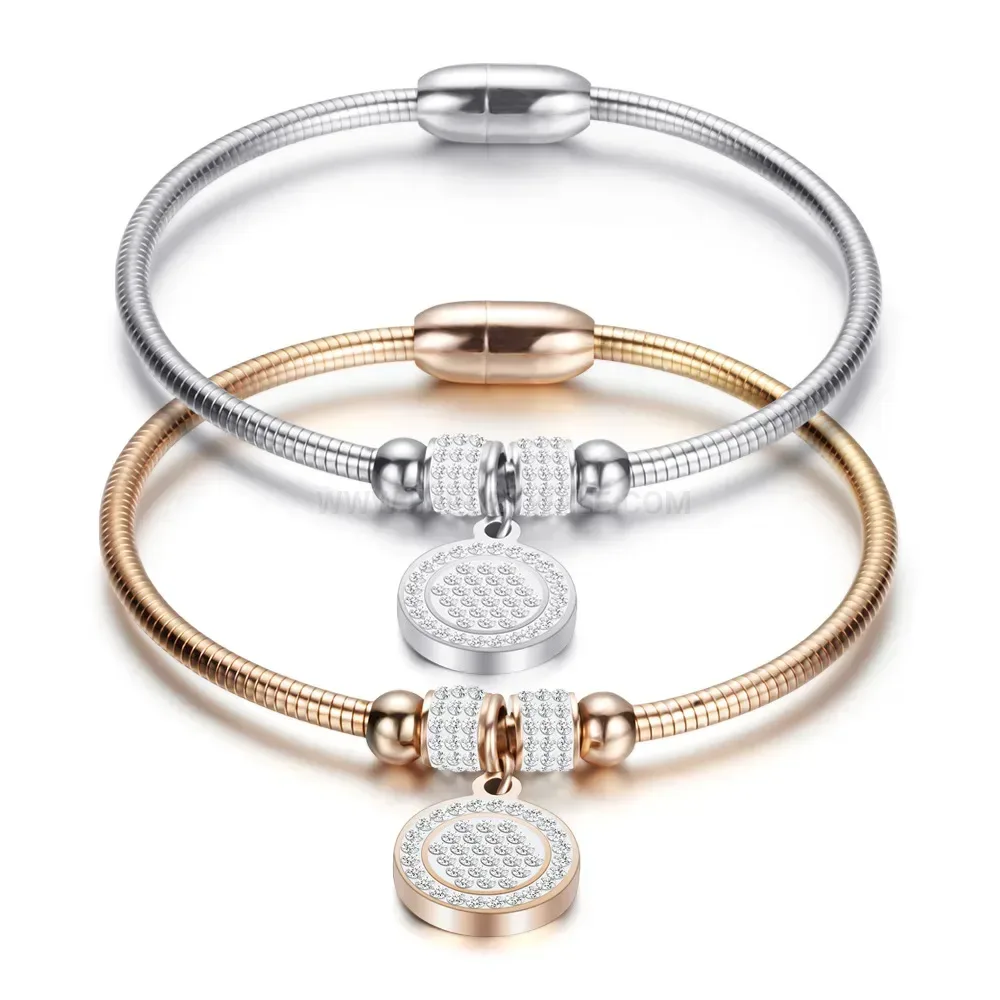 Premium Pave Crystal Round Charm Magnetic Stainless Steel Bangle