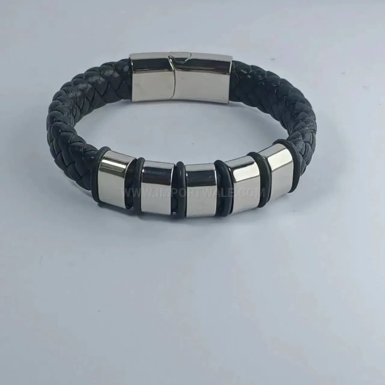 Minimalist Black Leather Strap Stainless Steel Accent Wristband for Men
