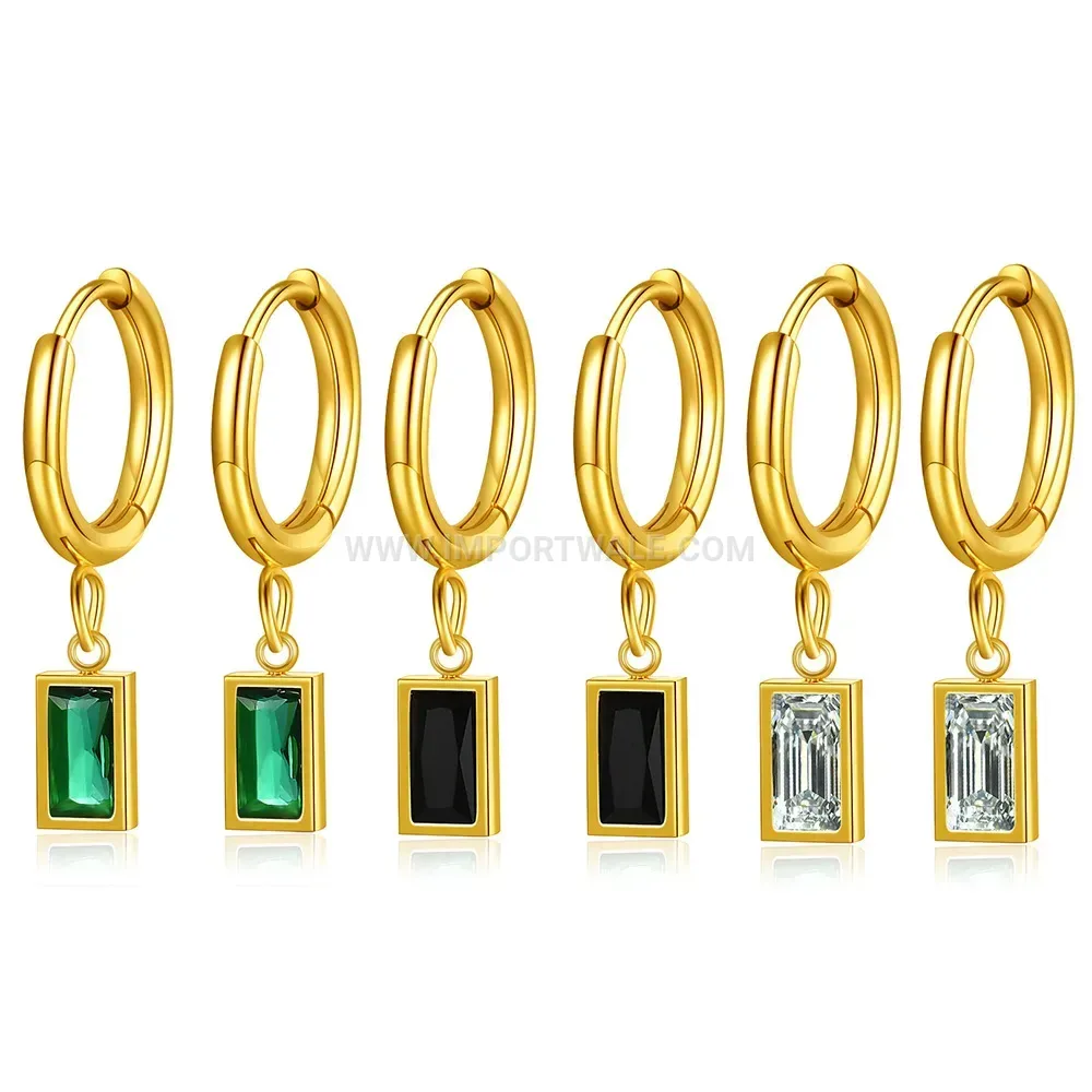 Gold Plated Stainless Steel Huggie Earrings with Zircon Accent