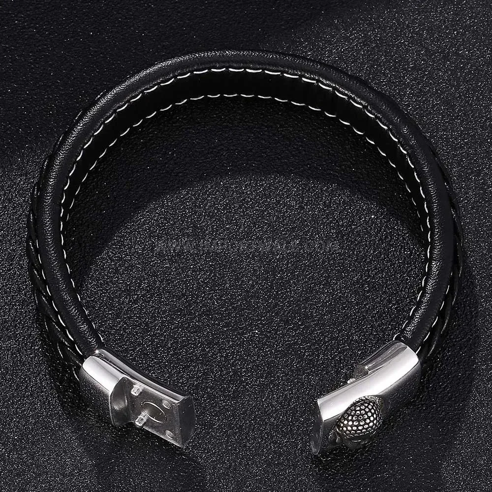Braided Black Leather Buddha Head Stainless Steel Magnetic Clasp Bracelet