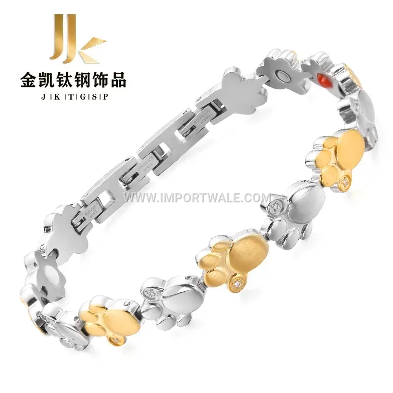 Rhinestone Paw Print Magnetic Titanium Steel Energy Bracelet