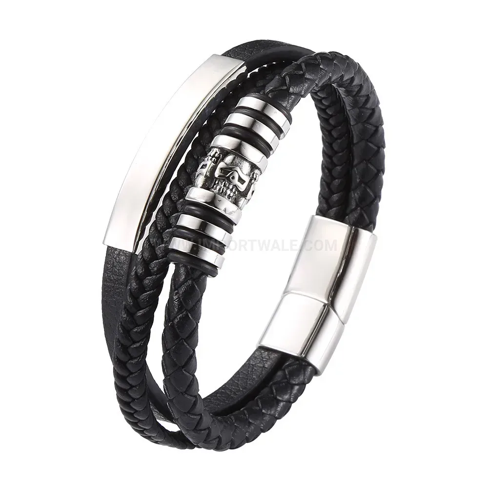 Viking Patterned Multi Strand Woven Leather Stainless Steel Bracelet