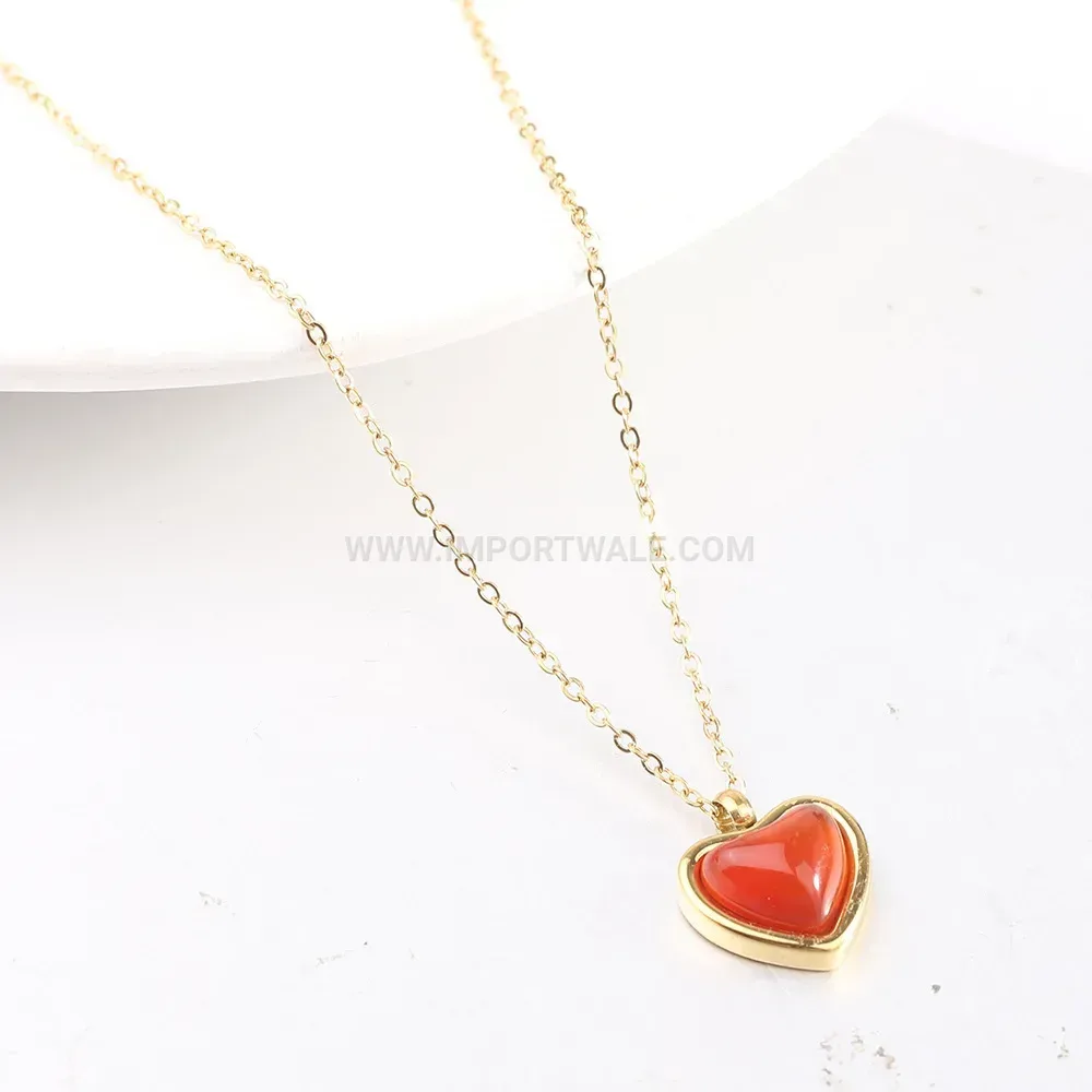 Stainless Steel Heart Agate Stone Pendant Necklace