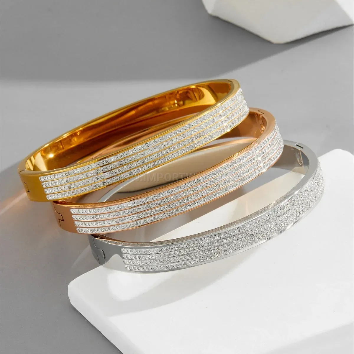 Four Row Micro Pave Rhinestone Titanium Steel Clasp Bangle