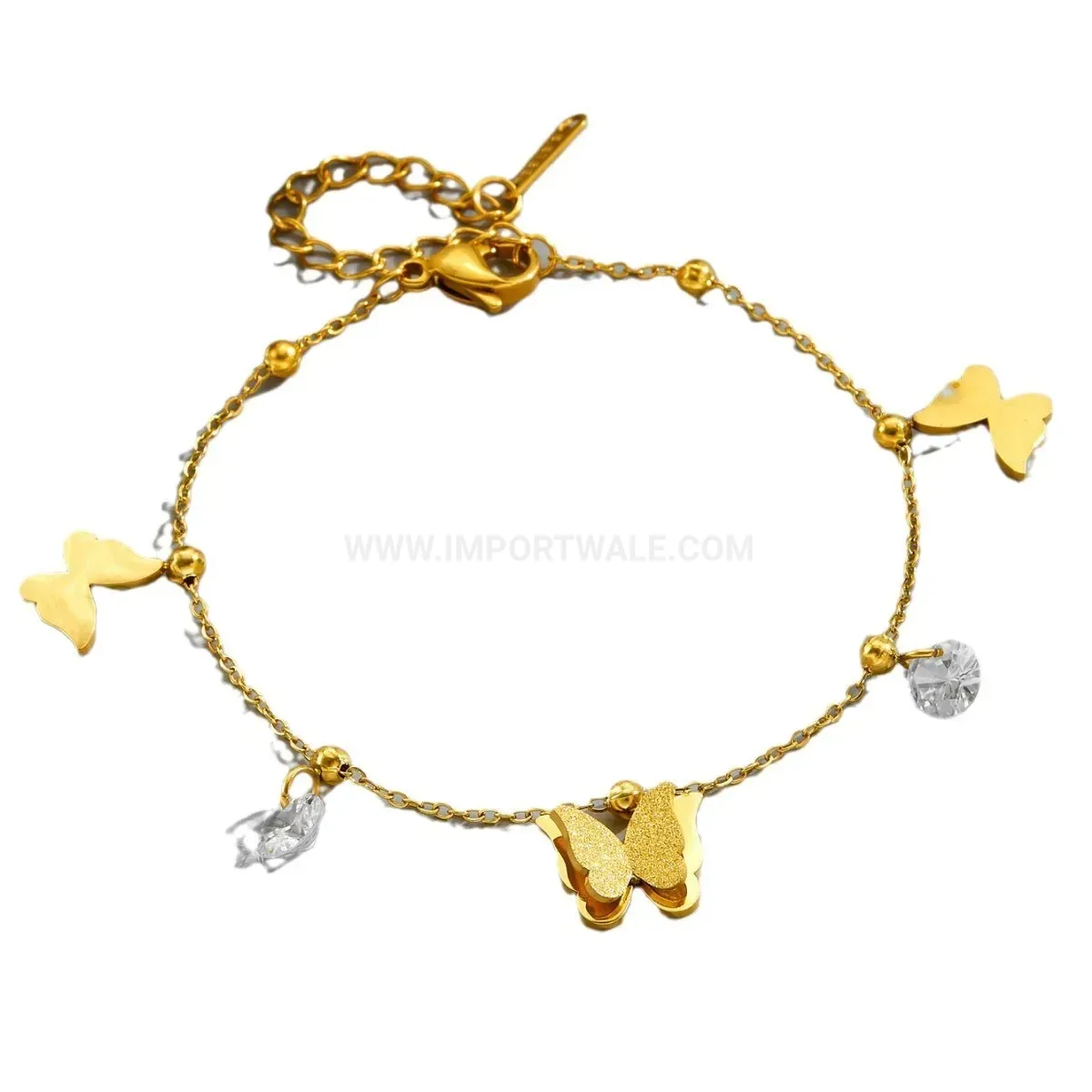 Frosted Sparkling Zircon Butterfly Gold Stainless Steel Chain Bracelet