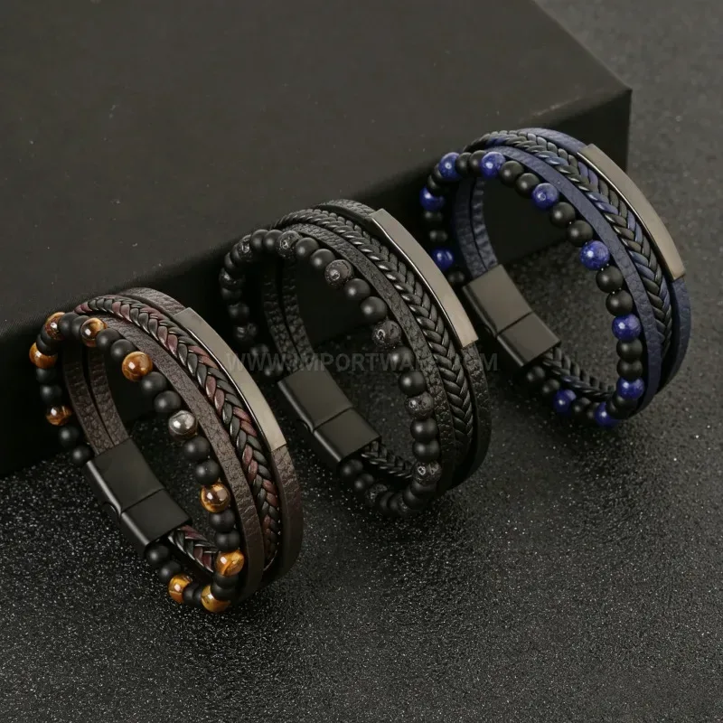 Fashion Multi Layer Braided Leather Gemstone Beaded Bracelet