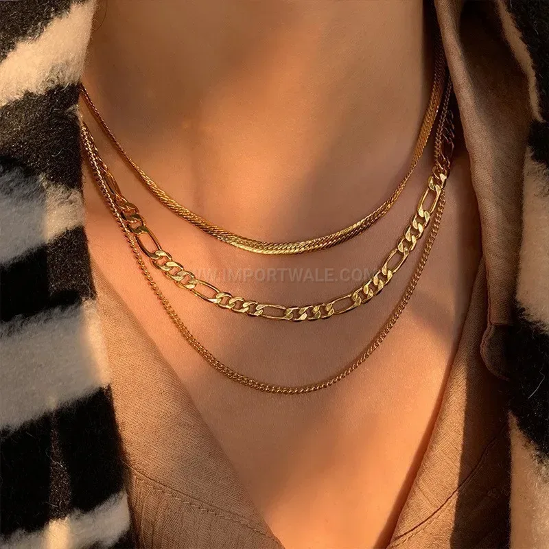 Modern Triple Layer Gold Titanium Steel Figaro Chain Necklace