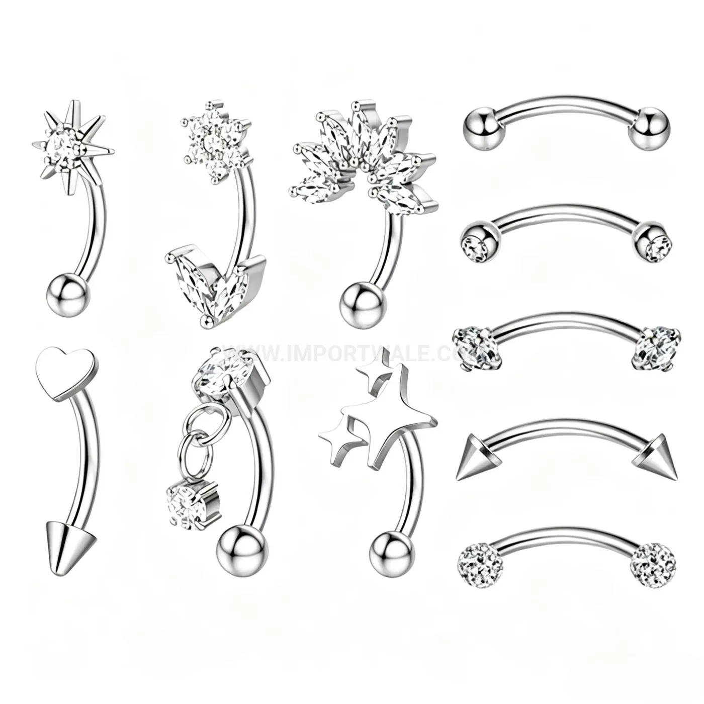 Designer Zircon Star and Heart Curved Barbell Piercing Studs Set