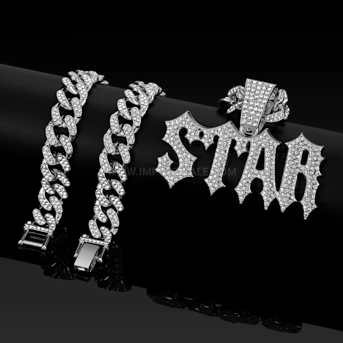Gothic Star Letter Rhinestone Pendant Cuban Chain Necklace