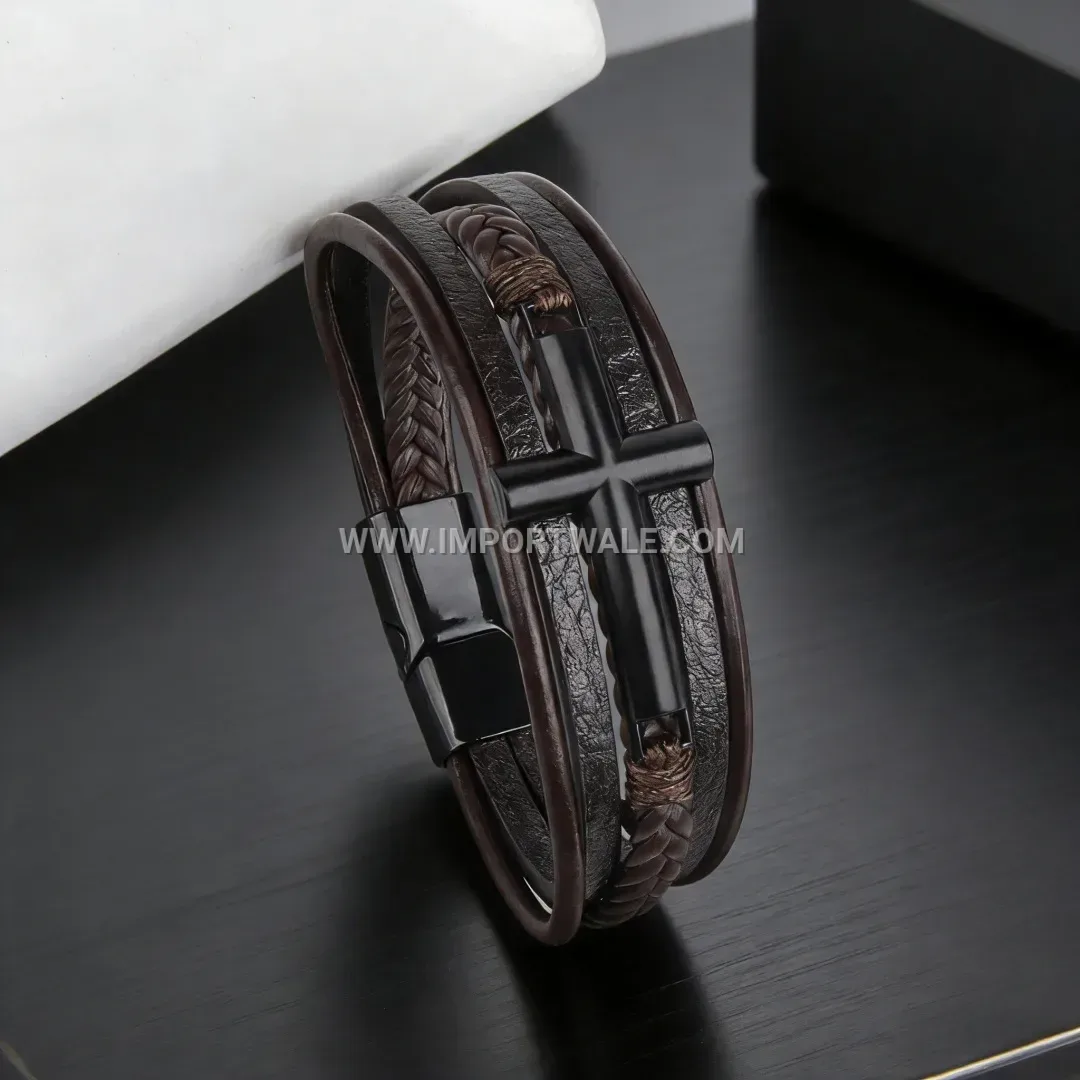 Men Multilayer Braided PU Leather Cross Bracelet Stainless Steel Magnetic Clasp