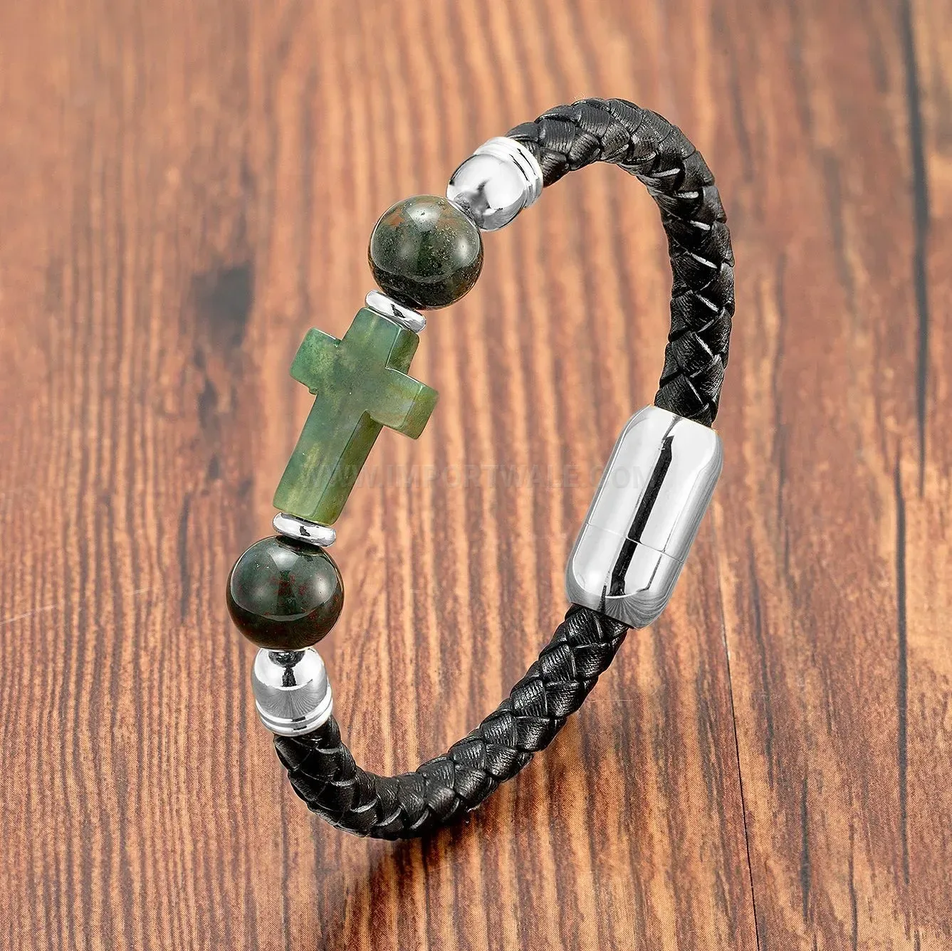 Handwoven Leather Rope Bracelet with Natural Stone and Stainless Clasp