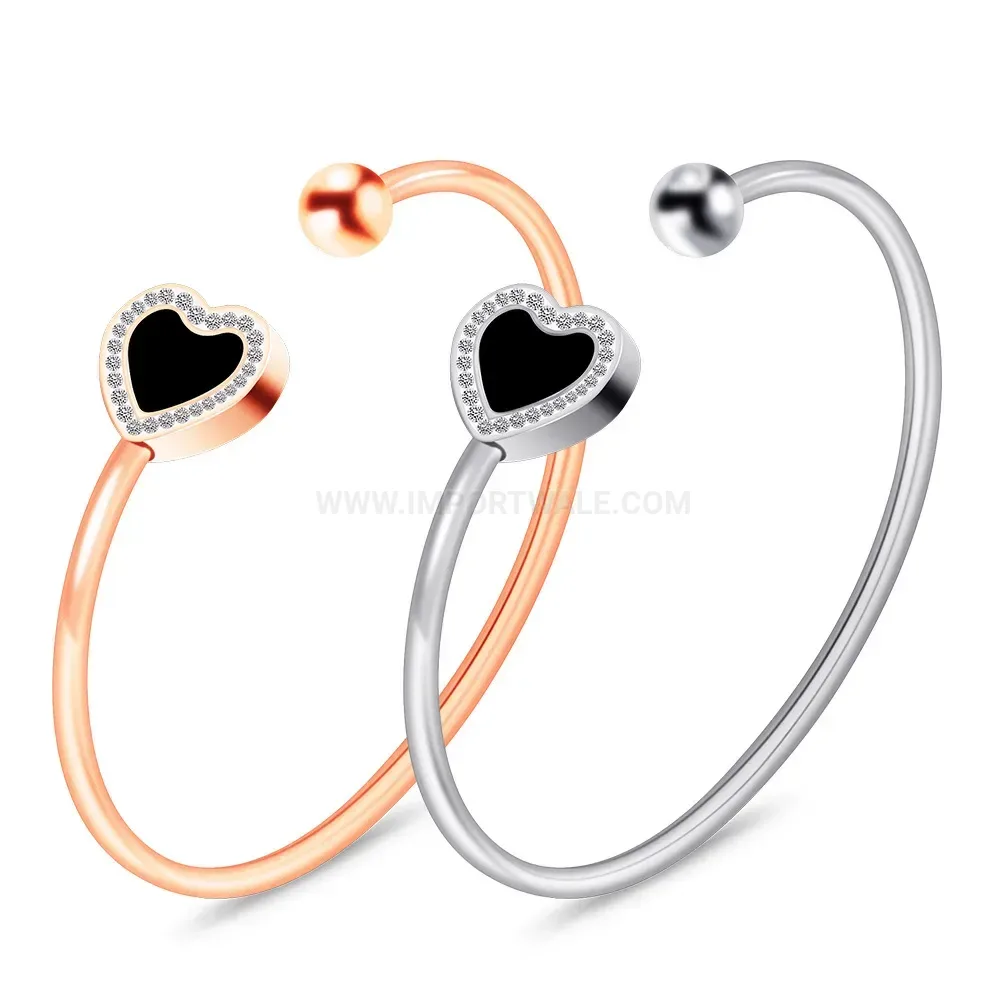 Classic Stainless Steel Rhinestone Heart Open Bangle Bracelet