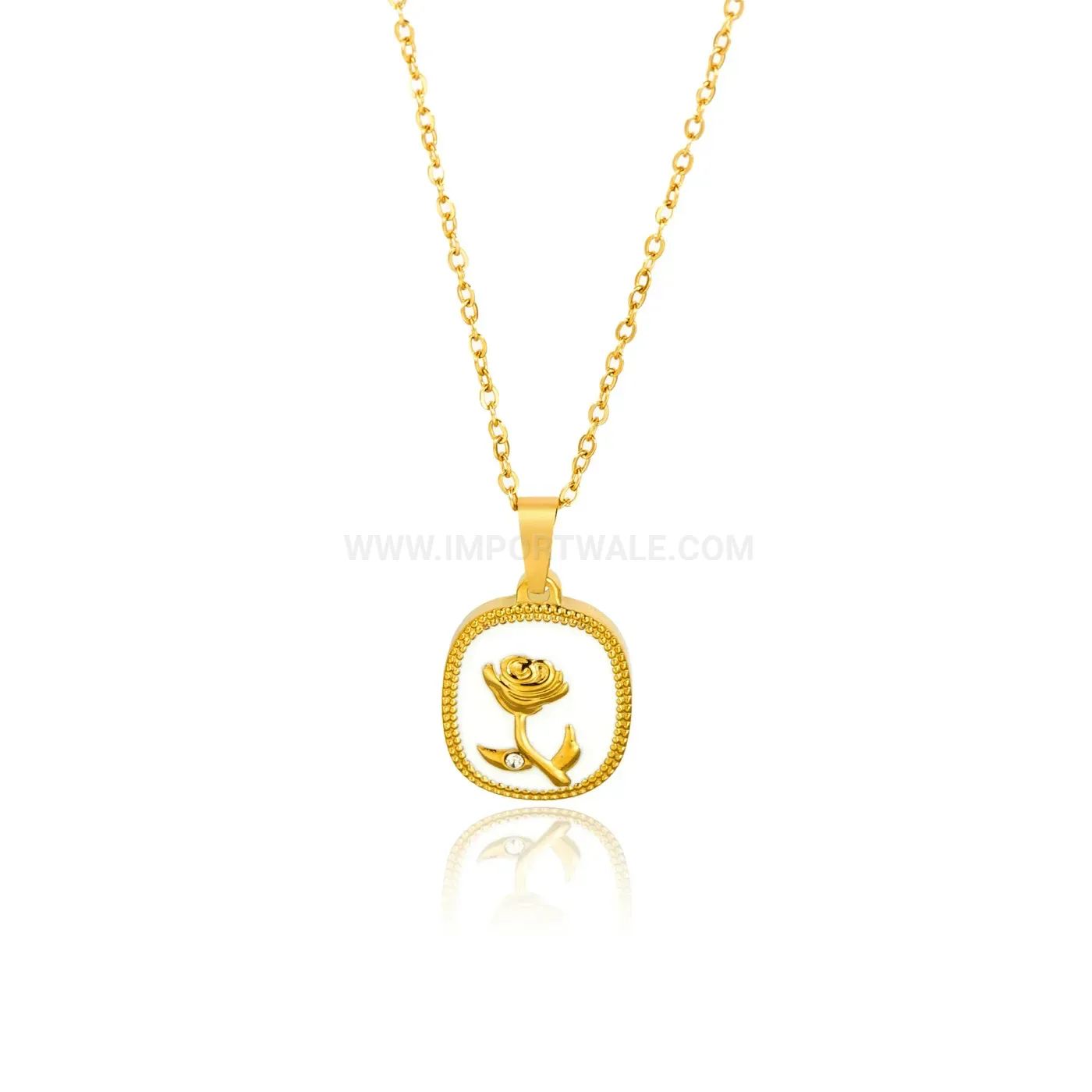 Chic Gold French Vintage White Enamel Rose Pendant Necklace