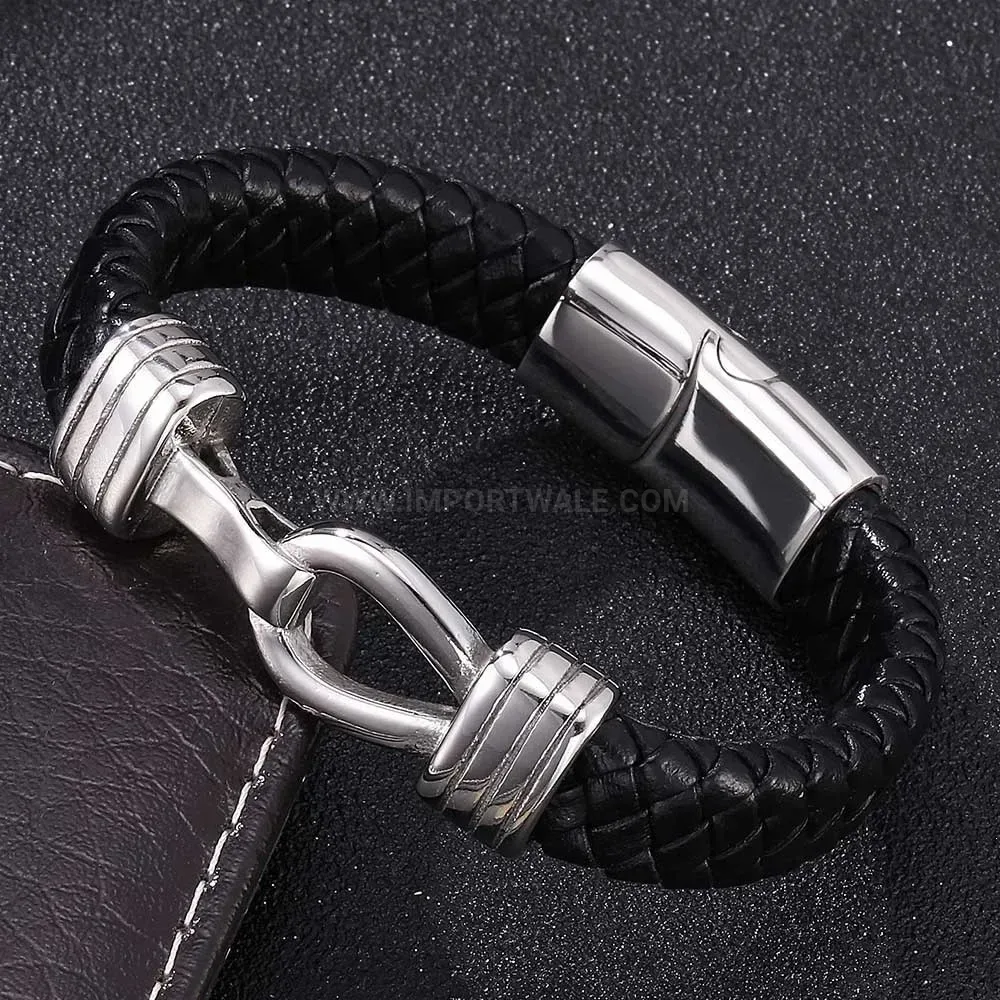 Woven Black Leather Wristband With Stainless Steel Hardware Accents