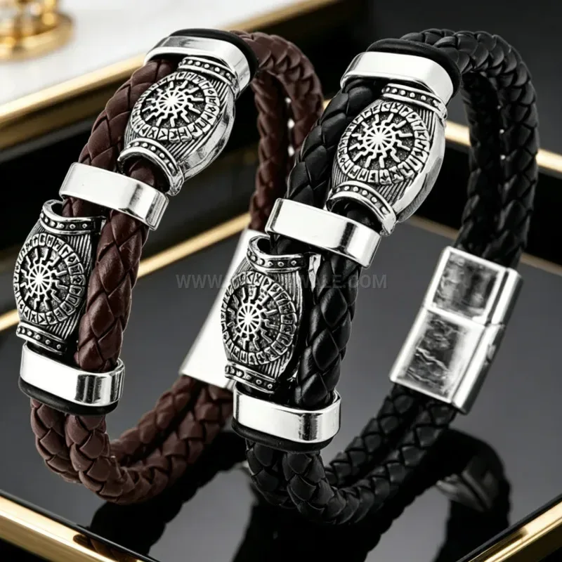 Designer Viking Sun Wheel Leather Bracelet with Magnetic Clasp