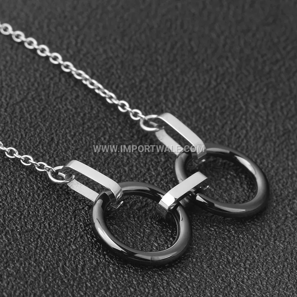 Dual Ring Ceramic and Stainless Steel Handcuff Charm Pendant Necklace