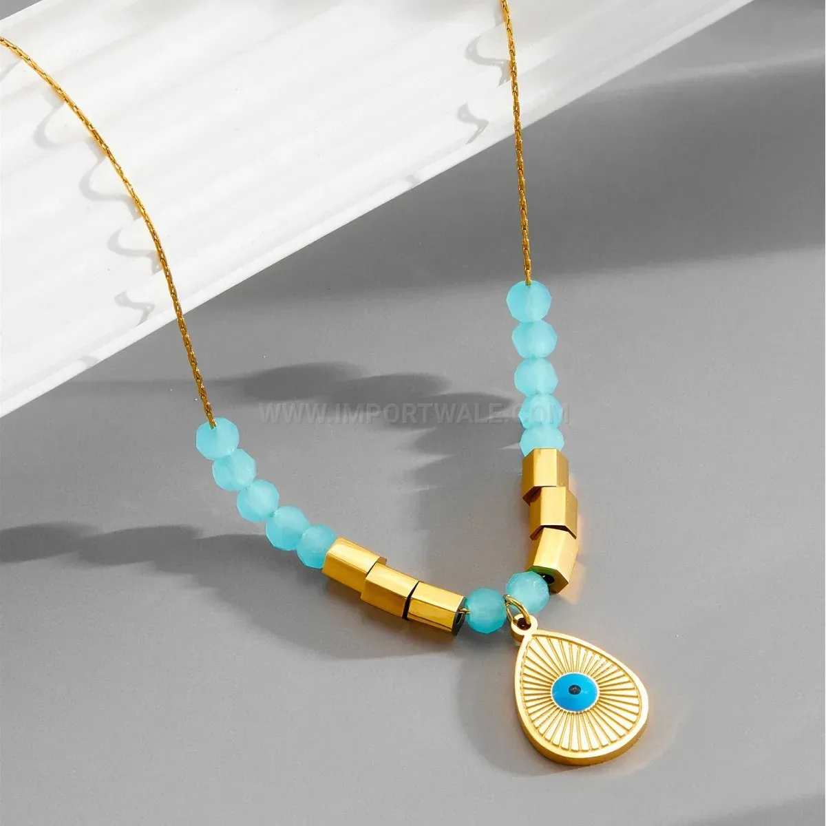 Classic Blue Evil Eye Teardrop Pendant Gold Plated Stainless Steel Necklace