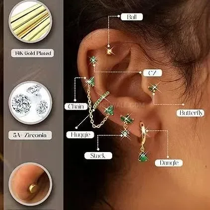 Modern Gold Plated Green Zircon Leaf Stud Earrings Set