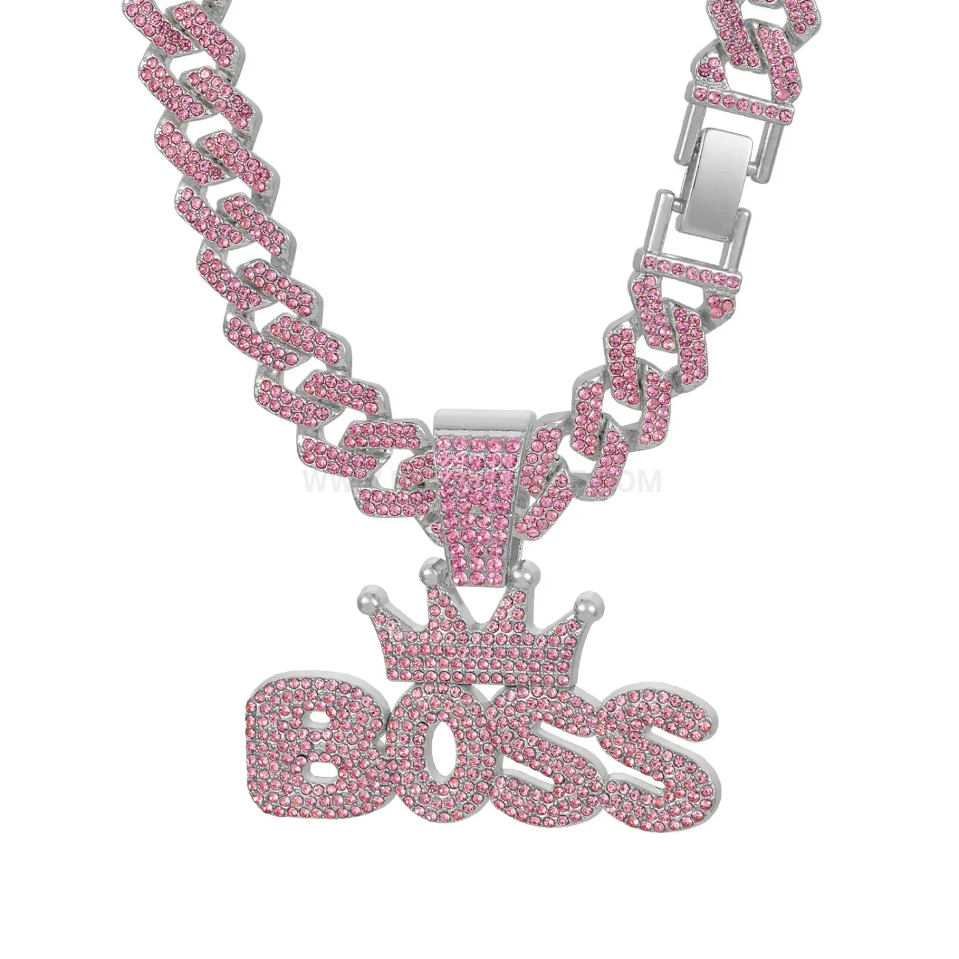 Zinc Alloy Boss Crown Letter Pendant Cuban Link Necklace with Pink Rhinestones