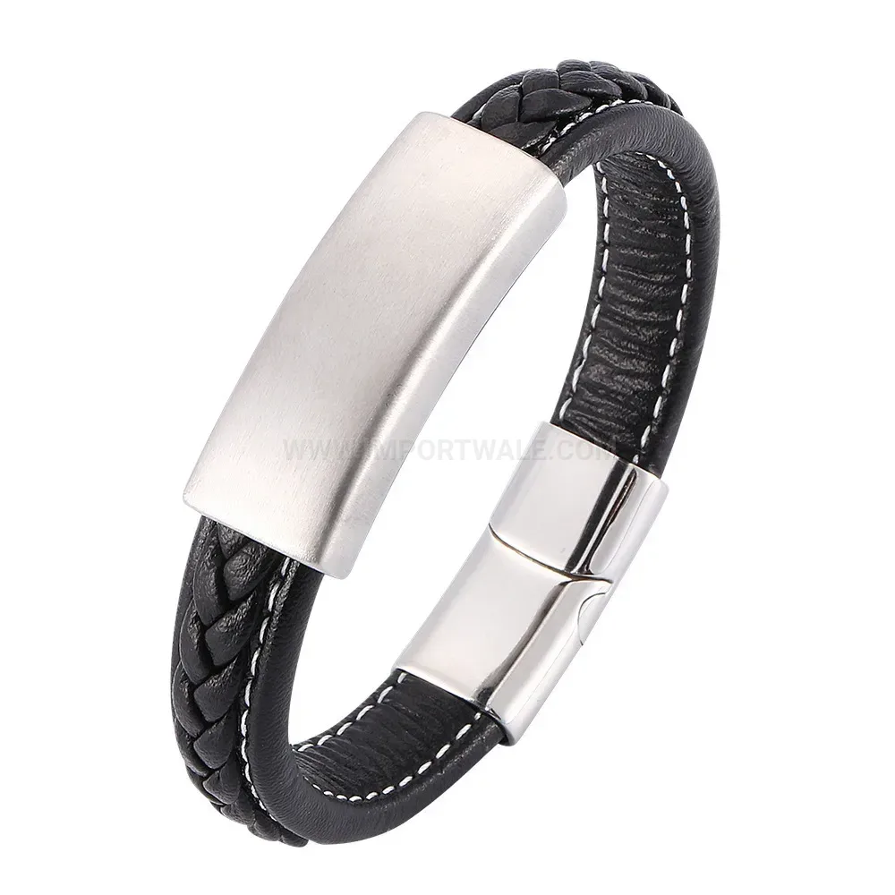 Stitched Leather Magnetic Bracelet with Polished Stainless Steel Accent