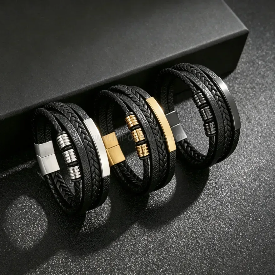Modern Braided Leather Magnetic Clasp Cuff Bracelet