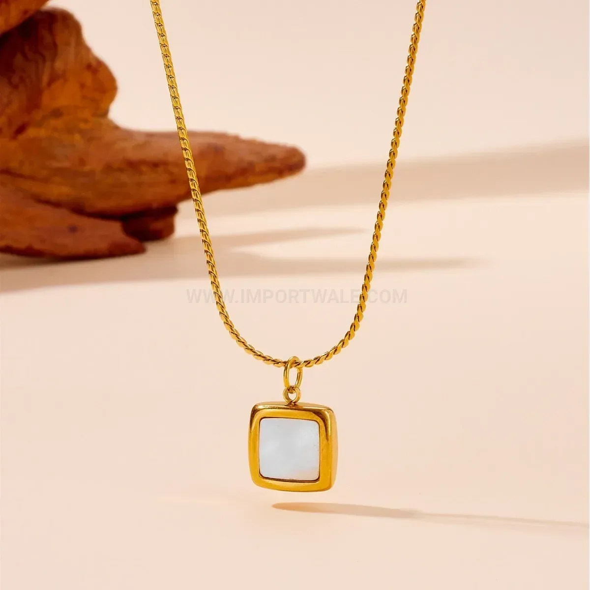 Elegant 18K Gold Plated Mother of Pearl Square Pendant Necklace