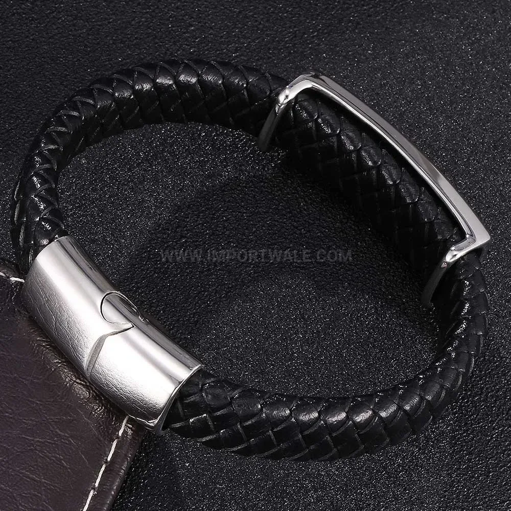 Fashion Gothic Skull Stainless Steel Accent Braided Genuine Leather Wristband