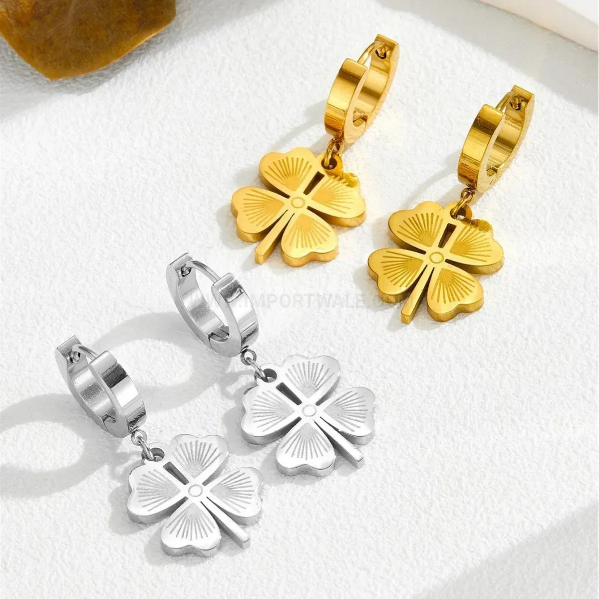 Gold Four Leaf Clover Titanium Steel Drop Earrings