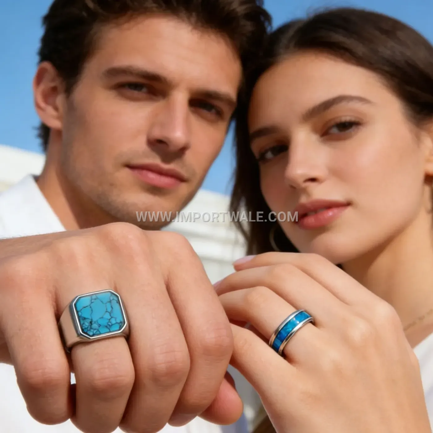 Geometric Turquoise and Opal Inlay 304 Stainless Steel Ring