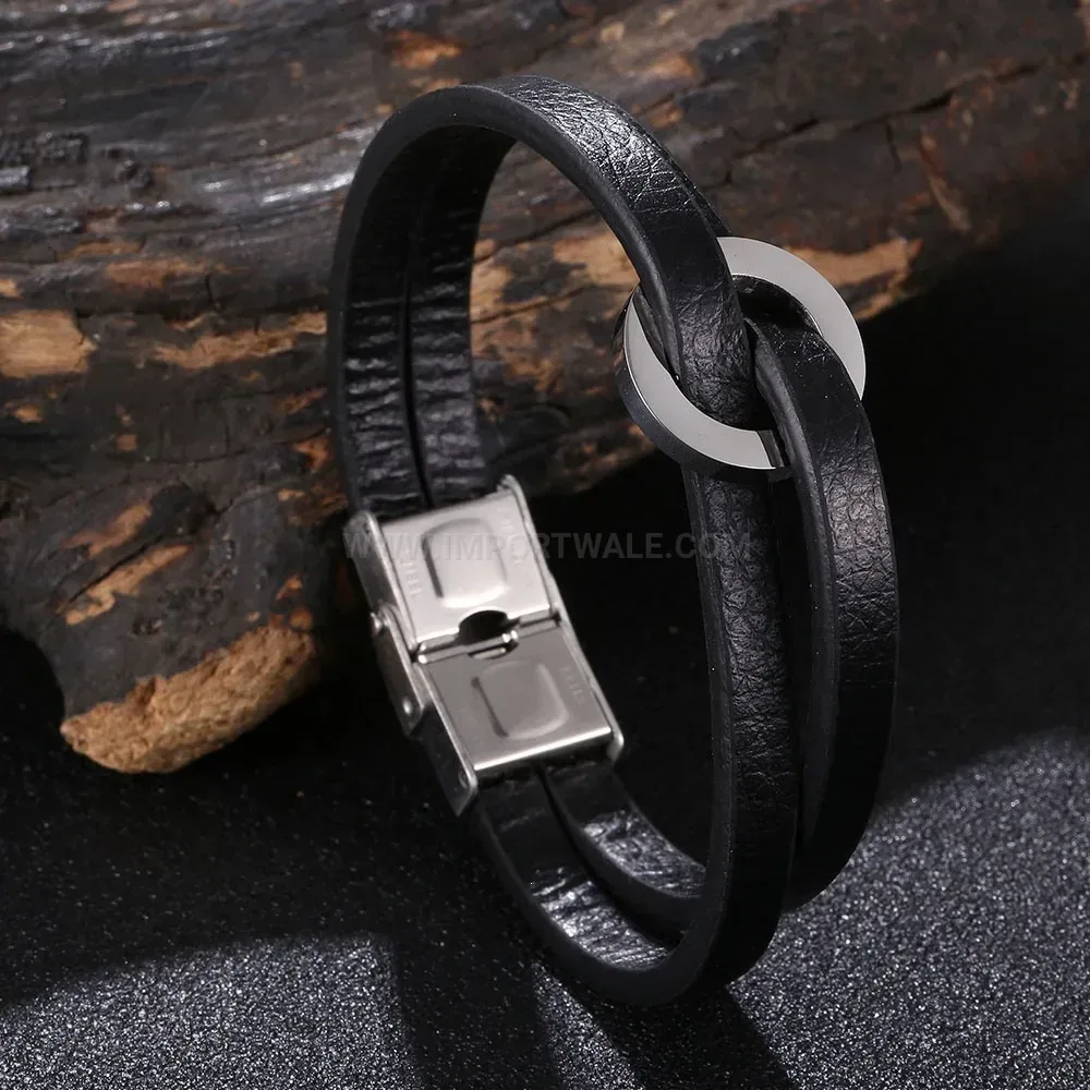 Double Strand Leather Cord Bracelet With Stainless Steel Safety Clasp