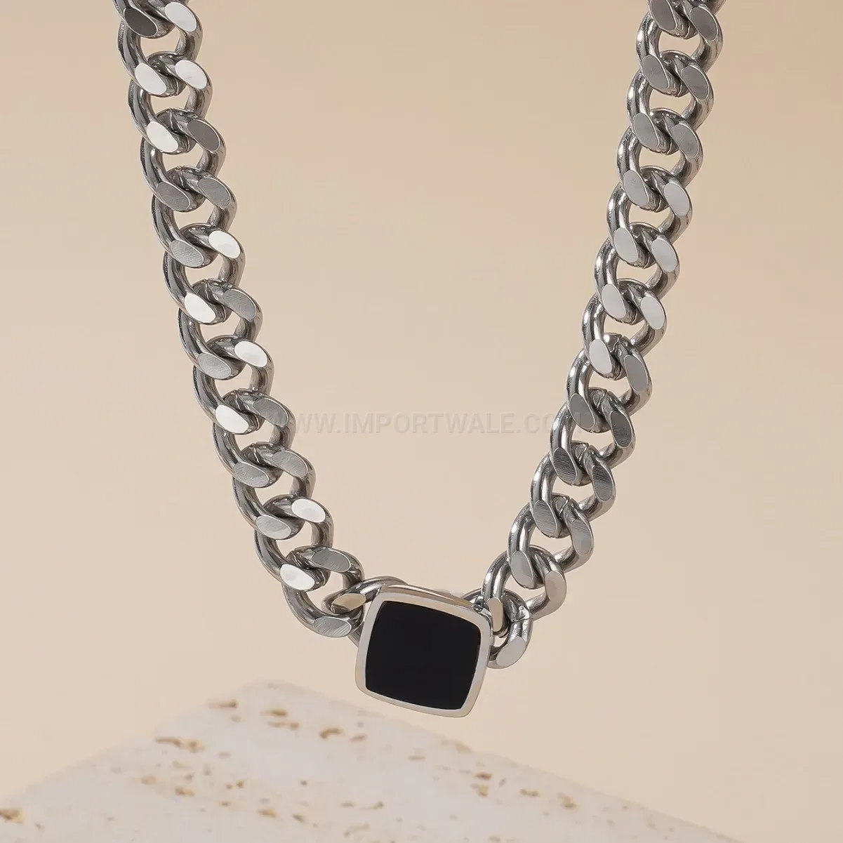 Chic Chunky Titanium Steel Cuban Chain Black Square Pendant Necklace