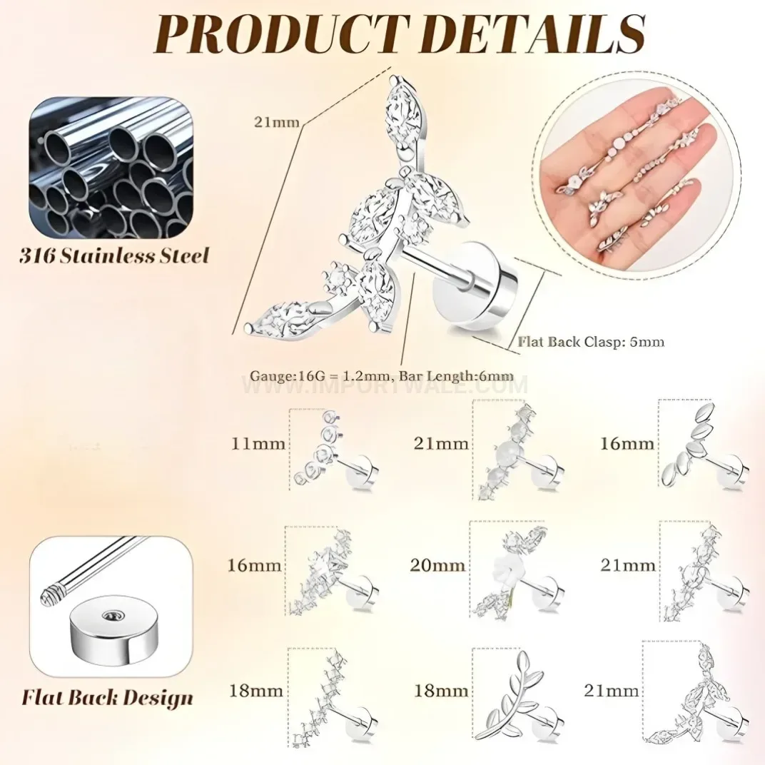 Stylish Stainless Steel Multi Shape Cartilage Earring Set