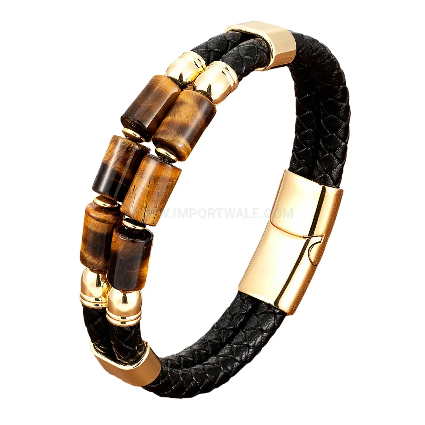 Double Layer Woven Leather and Stone Men Bracelet