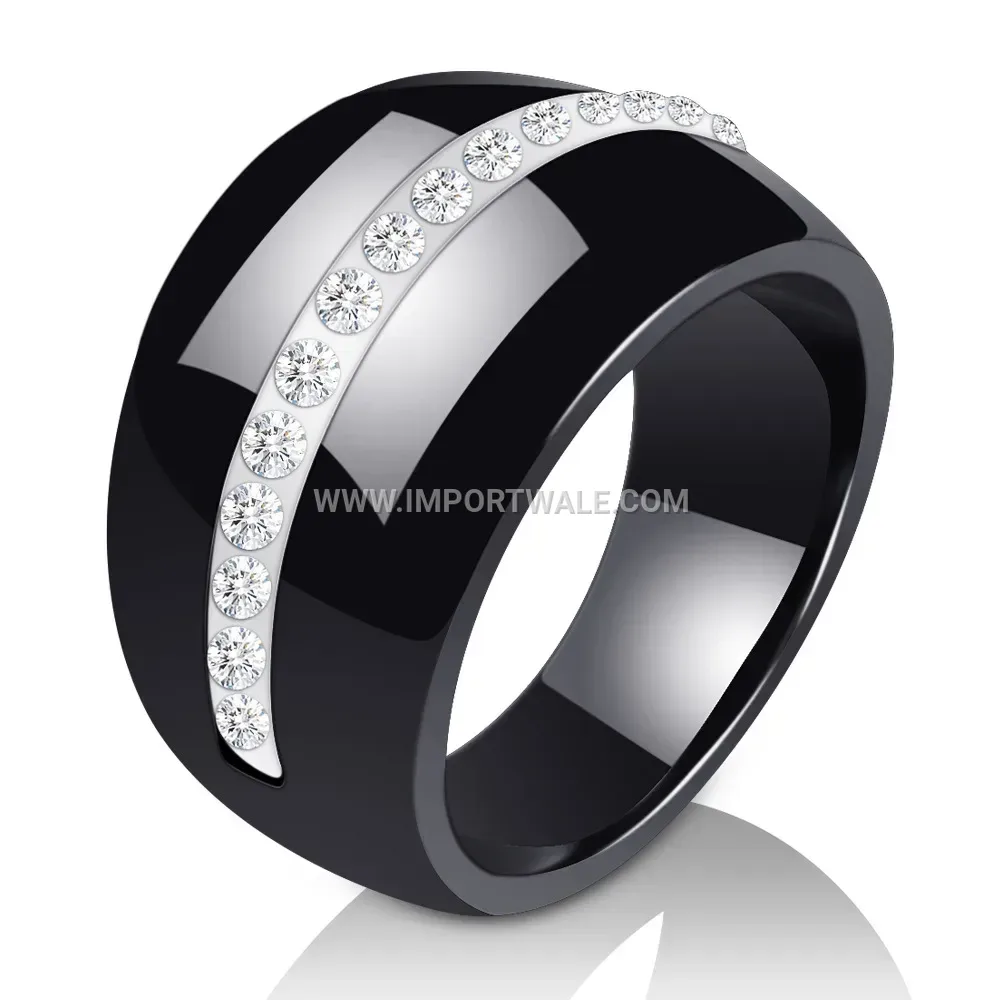 Wide Single-Row Rhinestone Ceramic Ring
