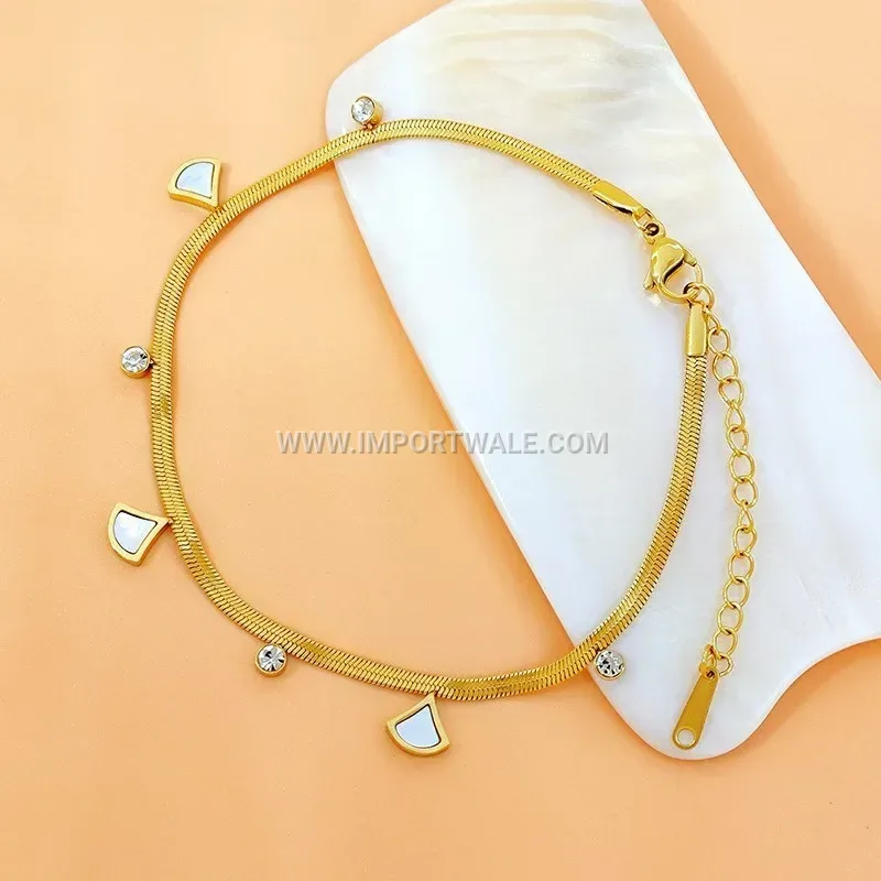 Gold Titanium Steel Heart Shell Rhinestone Charm Anklet