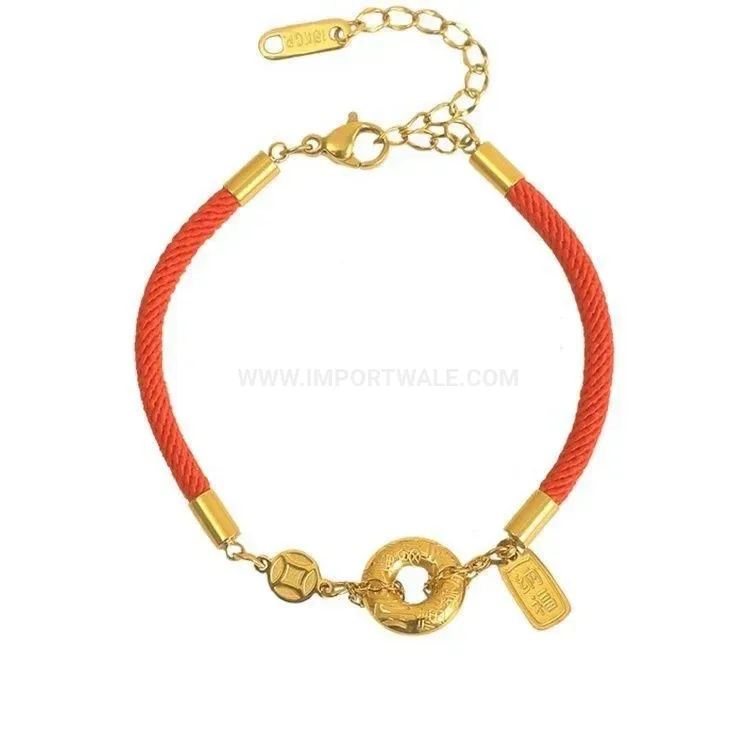 Trendy Gold Plated Coin Accent Red String Titanium Steel Bracelet