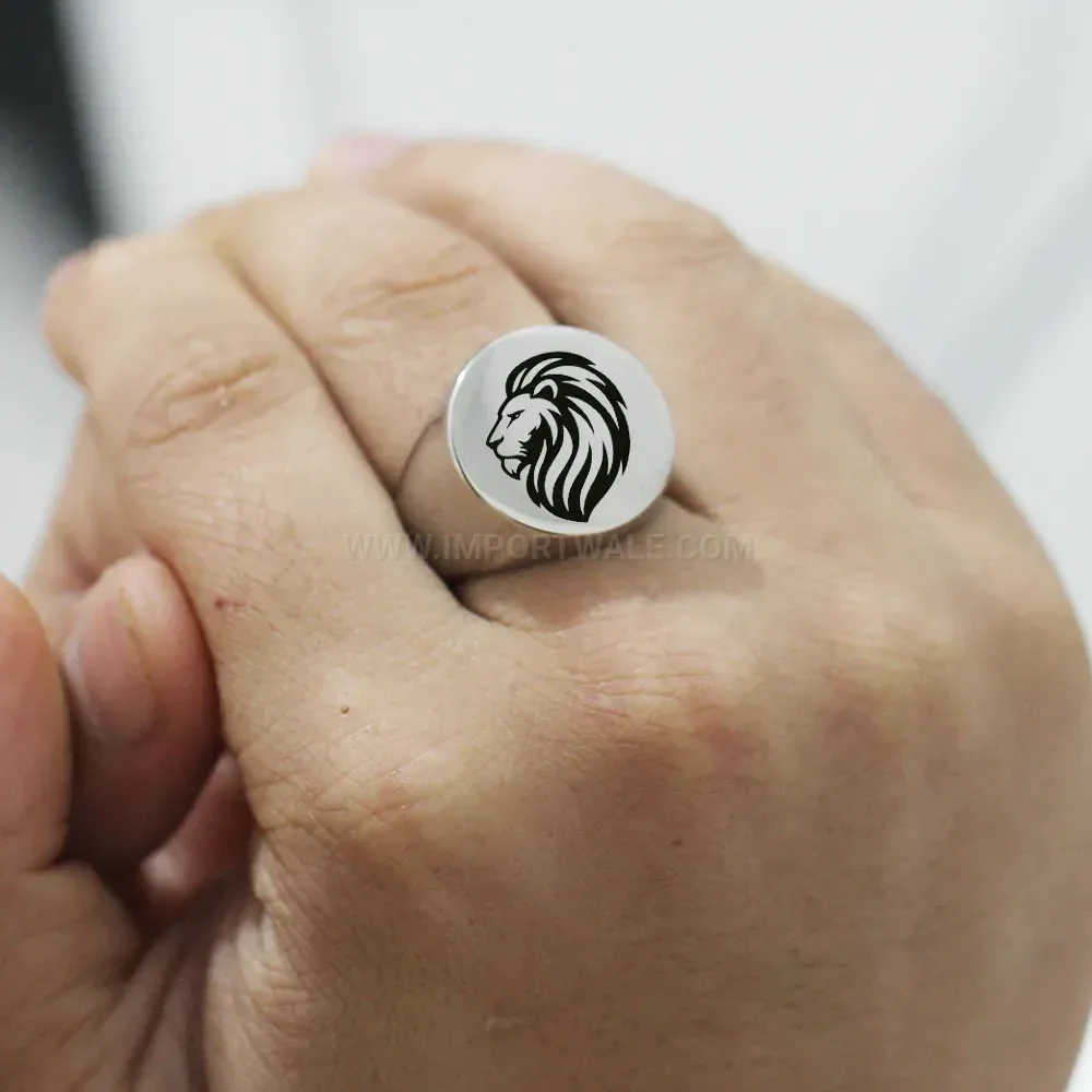 Fashion Laser Engraved Stainless Steel Lion Head Round Ring