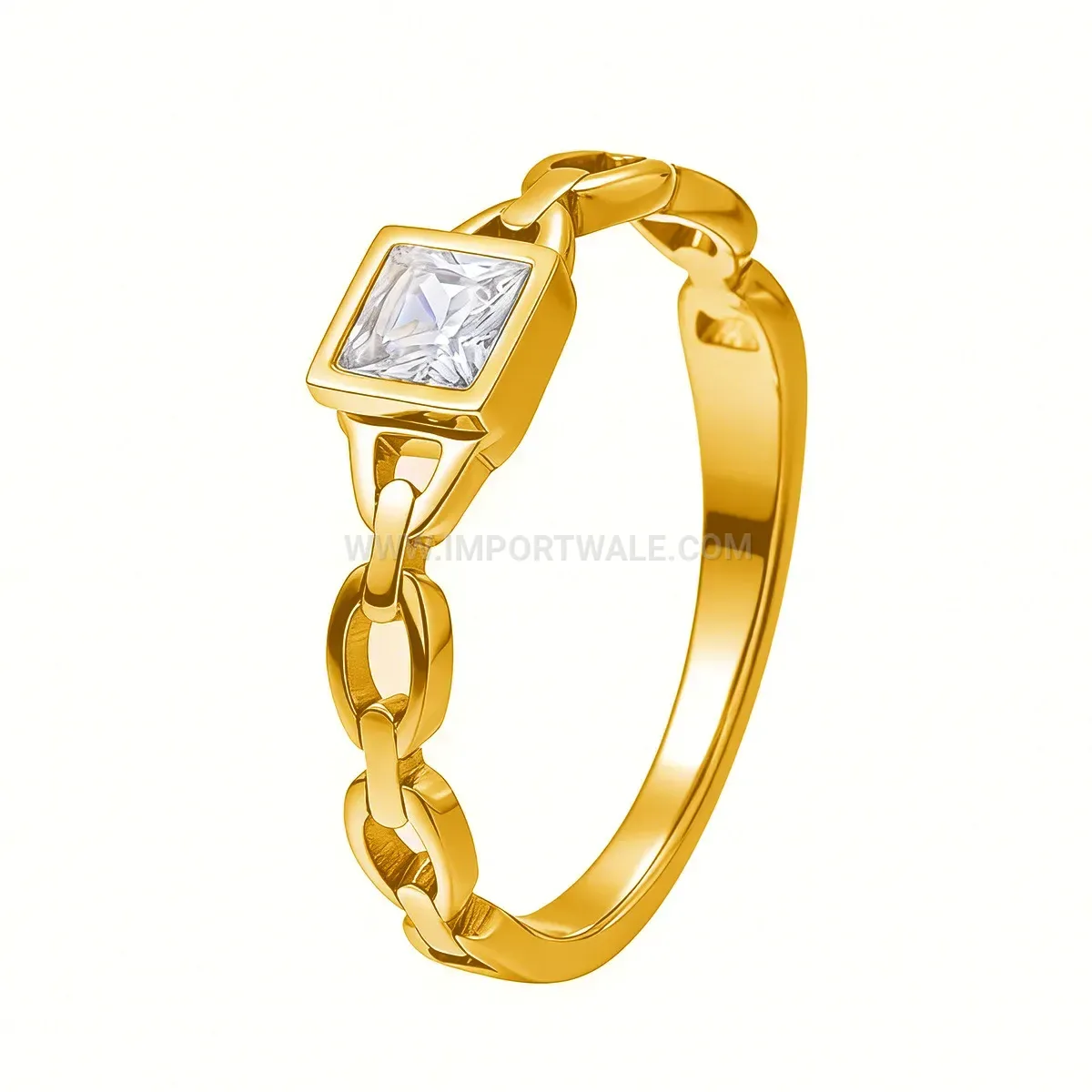 Square Crystal Stainless Steel Chain Link Statement Ring