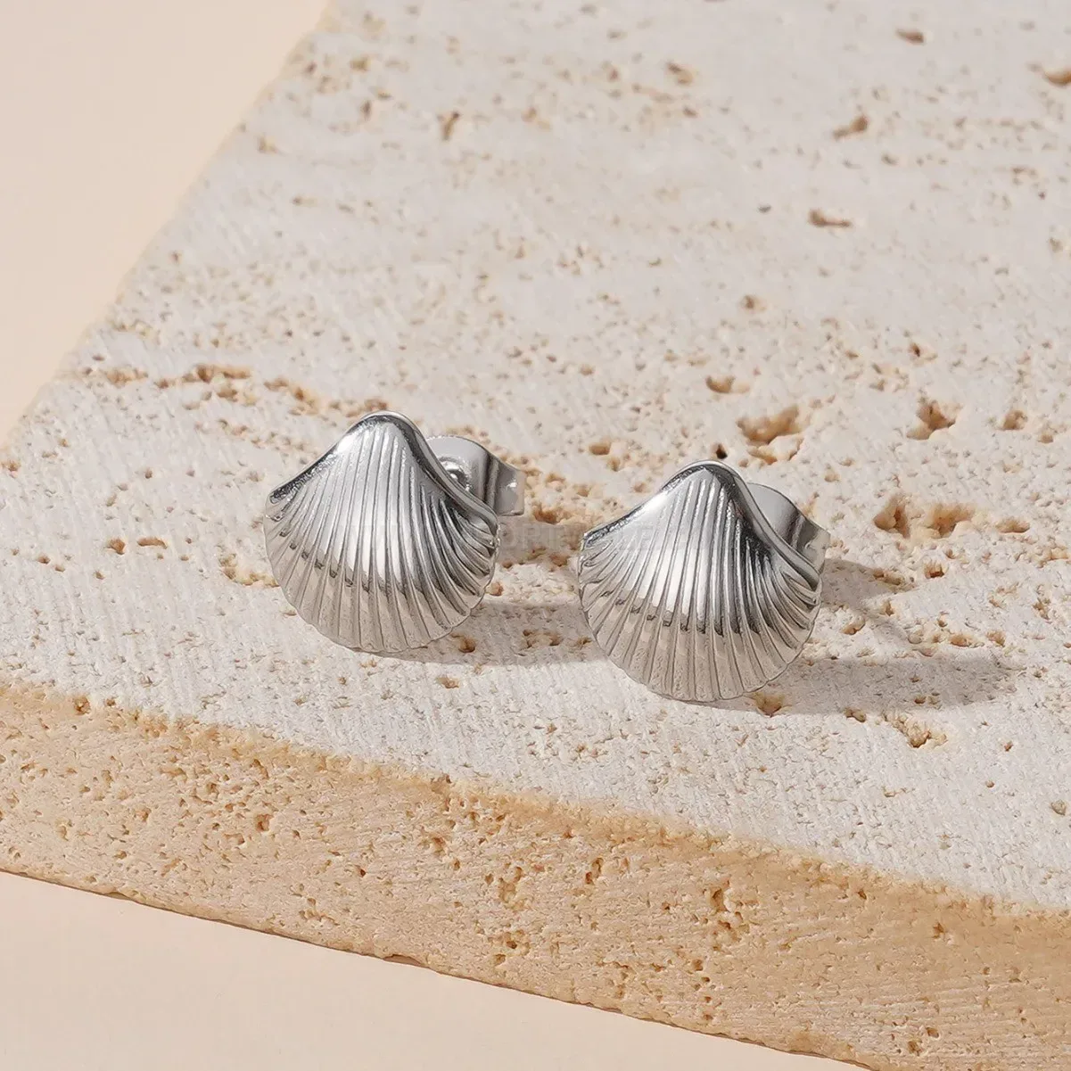 Gold Plated Stainless Steel Striped Shell Earrings