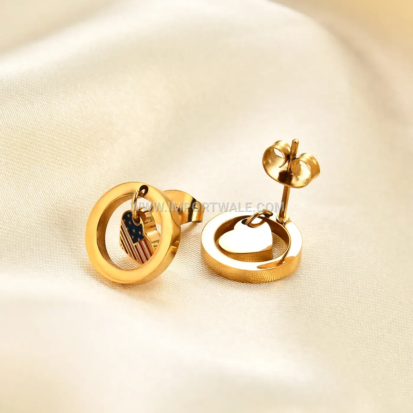Hollow Heart Stainless Steel Flag Motif Circle Drop Earrings