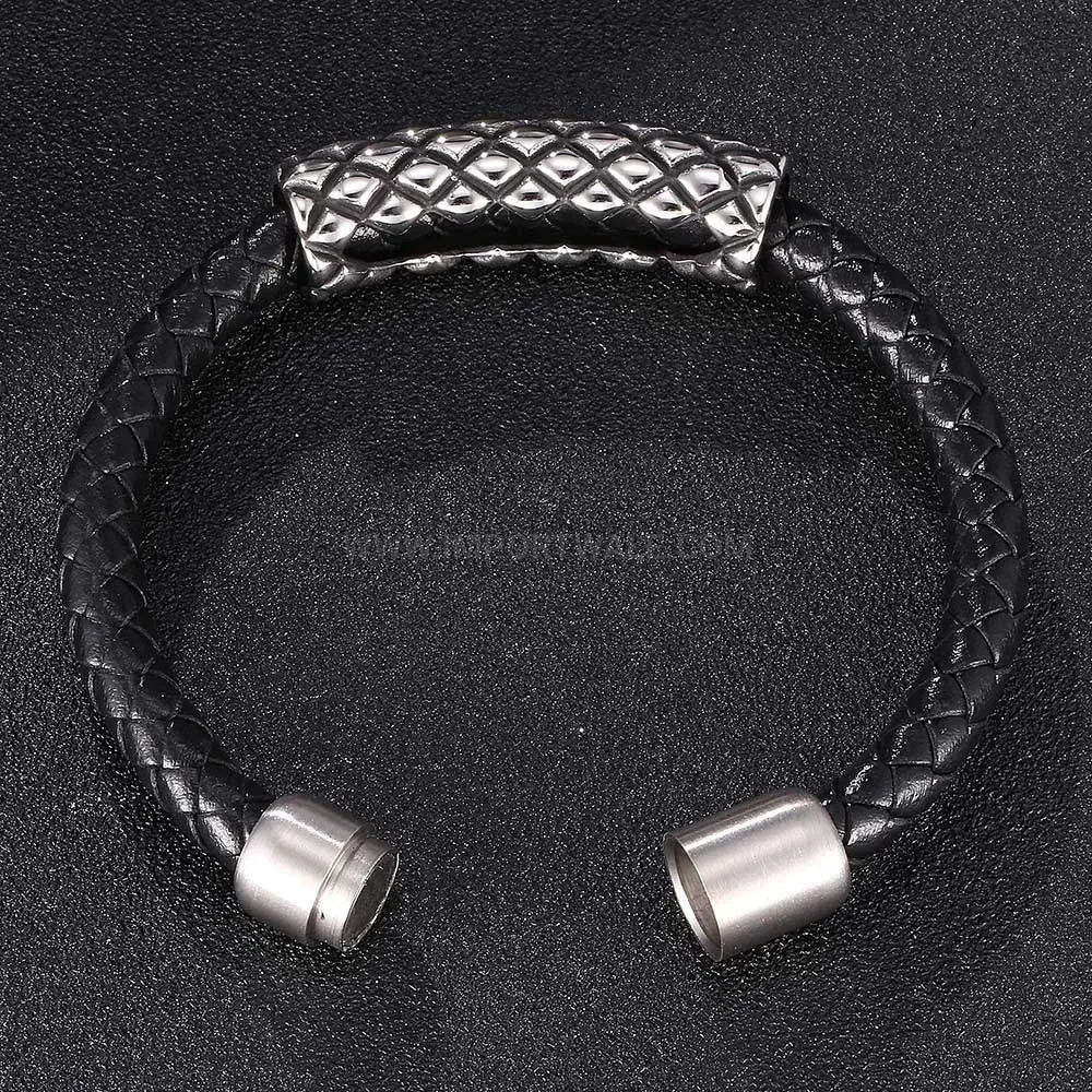 Braided Black Leather Bracelet with Steel Magnetic Clasp