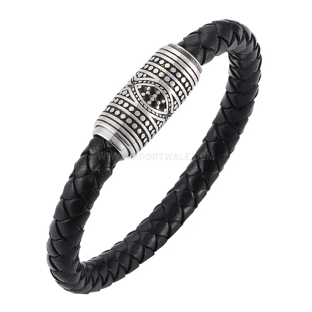Geometric Stainless Steel Magnetic Leather Rope Bracelet
