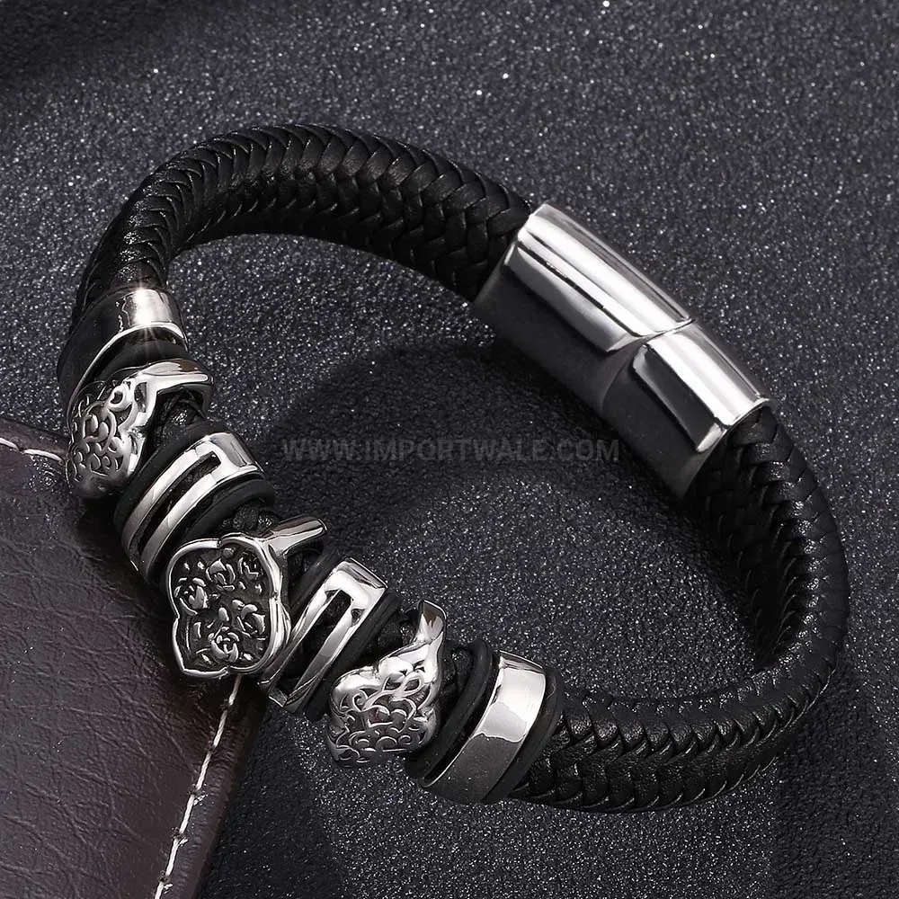 Floral Engraved Stainless Steel Magnetic Leather Wrap Bracelet