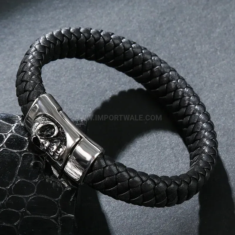Premium Braided Leather Skull Wristband with Stainless Steel Accents