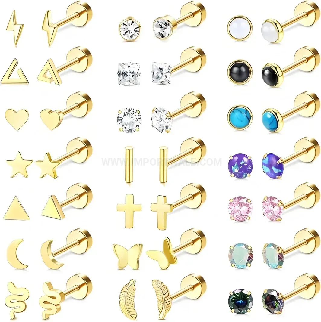Designer Flat Back Threaded Stainless Steel Piercing Earring Set